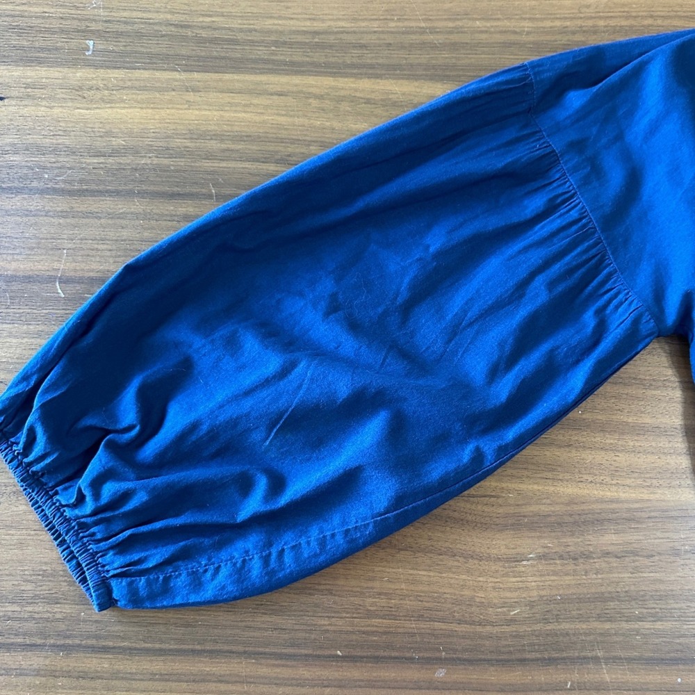 Apiece Apart Popover Cotton Blouse 8 Navy Blue Peasant 3/4 Balloon Sleeve Top - Picture 10 of 11